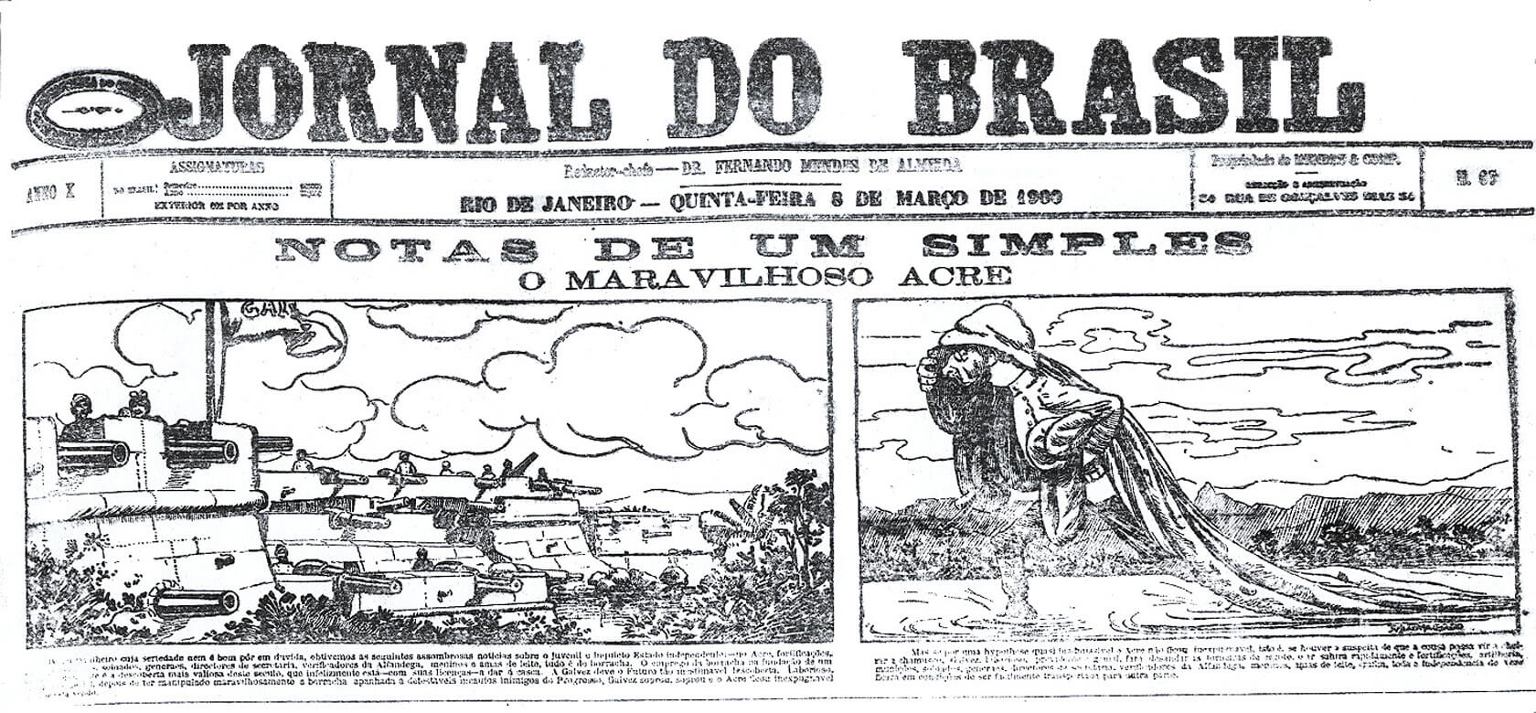 Charge tratando jocosamente da República do Acre, publicada no Jornal do Brasil, Rio de Janeiro, em 8 de março de 1899
