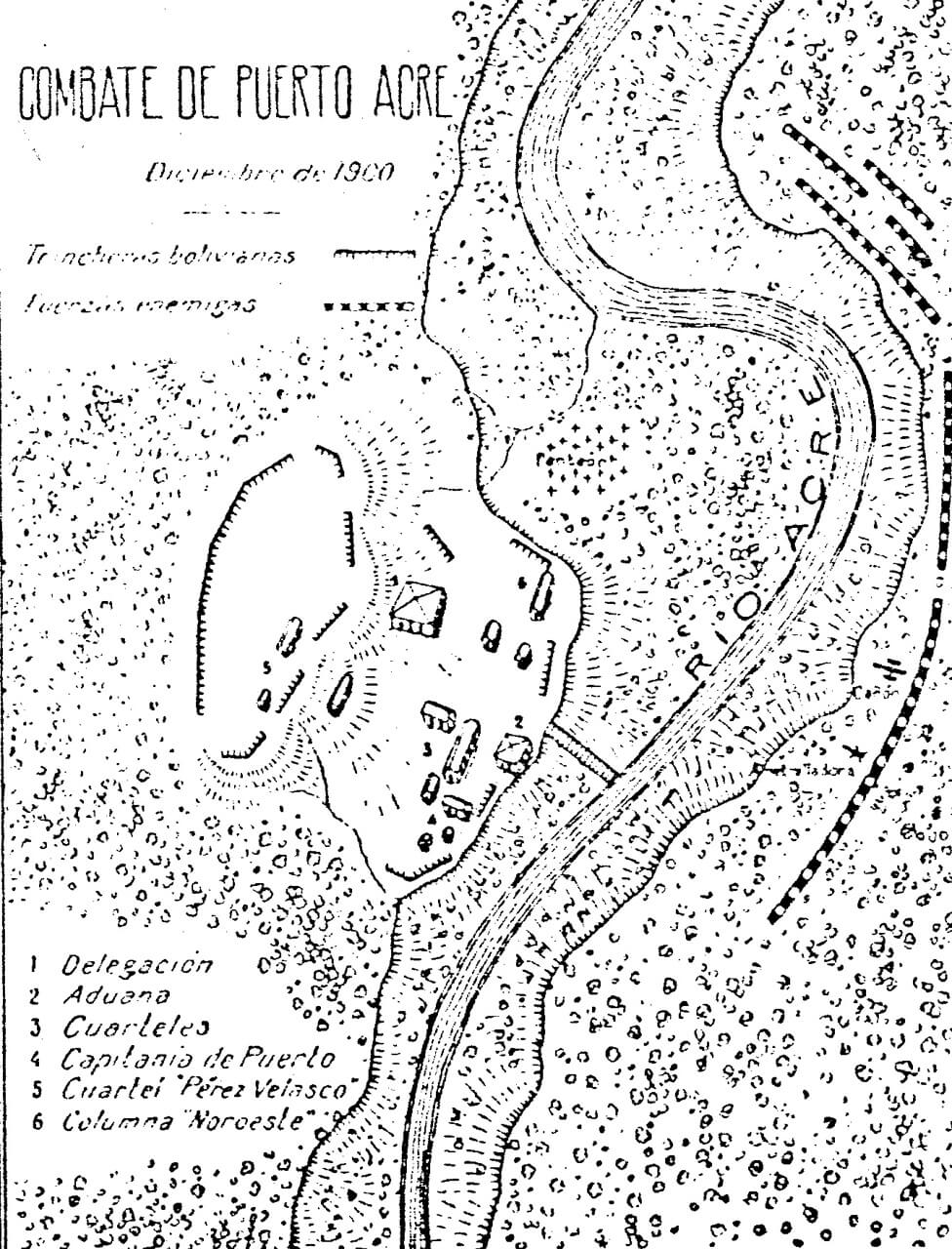 Mapa do combate da Expedição dos Poetas ocorrido em Puerto Alonso (atual Porto Acre), em dezembro de 1900